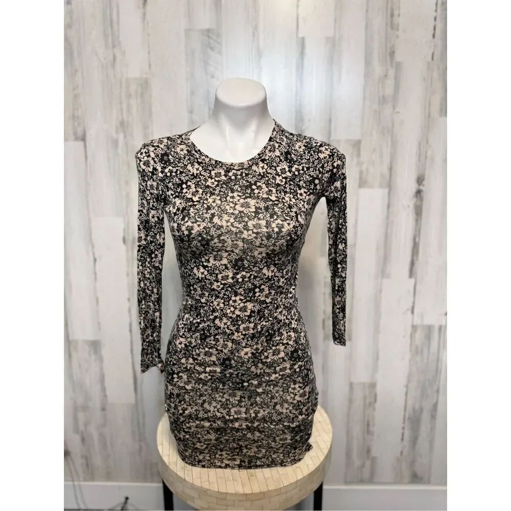 Forever 21 Floral MeshāLong Sleeve Bodycon Mini Dress Black Beige Womenās Small